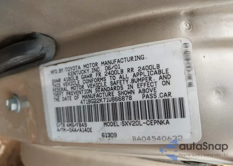 2001 Toyota Camry Le из США, поврежденный, VIN 4T1BG22K71U866878